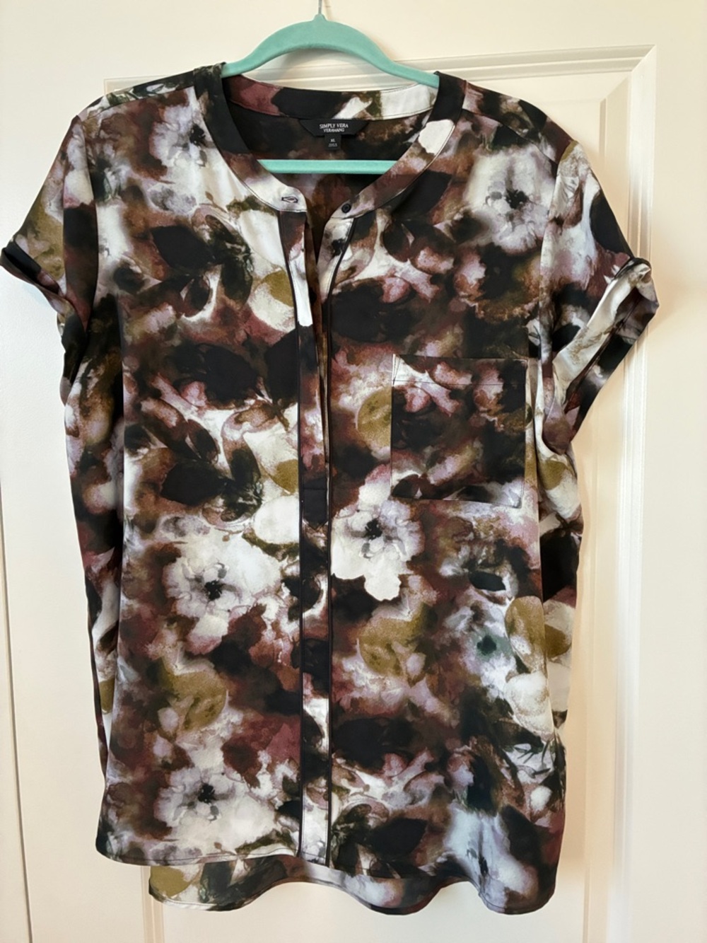 Simply Vera Vera Wang Floral Watercolor Blouse in Black, White, Olive & Burgundy